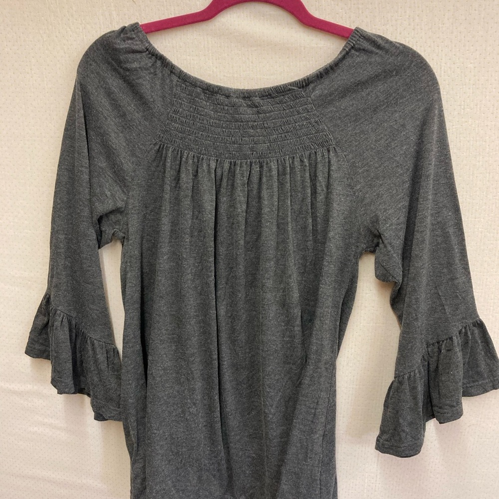 Gray Ruffled Blouse Southern Stitch with Smocked Neckline large peasant sleeves